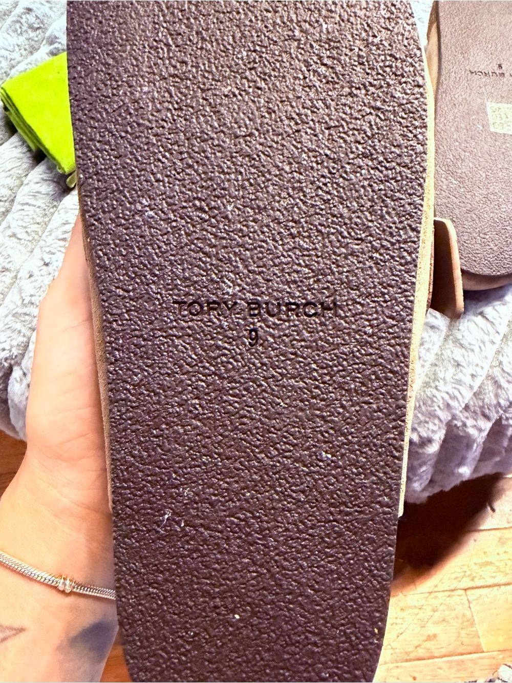 Tory Burch Taupe Suede Slip-On Clogs with Logo Accent - Picture 5 of 5